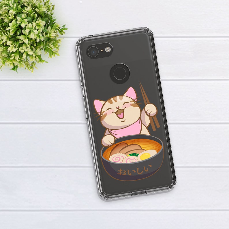 iPhone Samsung Galaxy Note 10 Google Pixel Huawei Cute Aesthetic Phone Case Clear Silicone Cover Japanese Ramen Cat Kawaii Phone Case