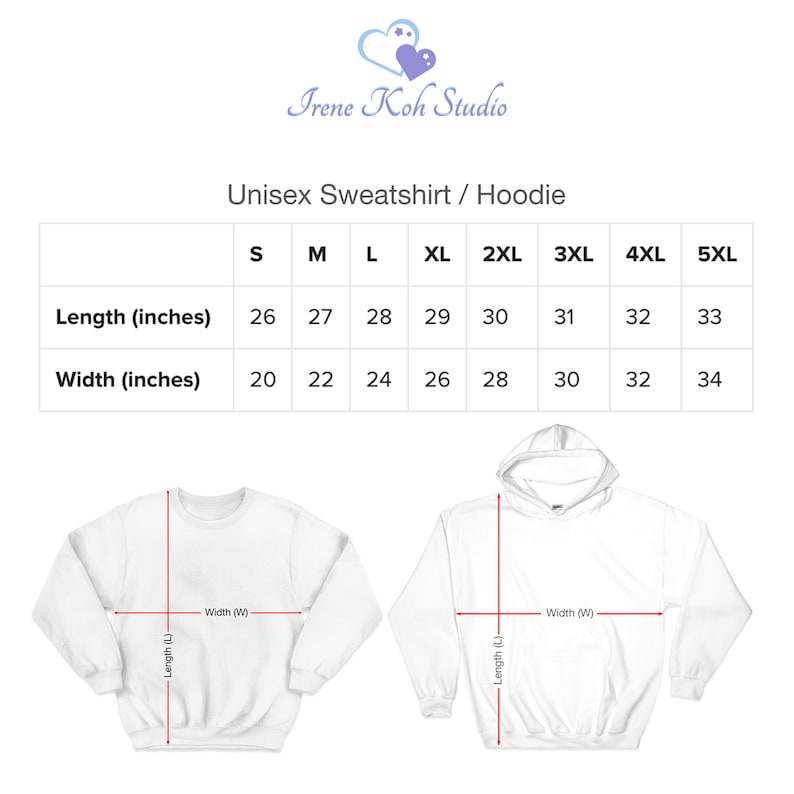 May include: Size chart for unisex sweatshirts and hoodies, showing measurements in inches for length and width. Sizes range from S to 5XL.