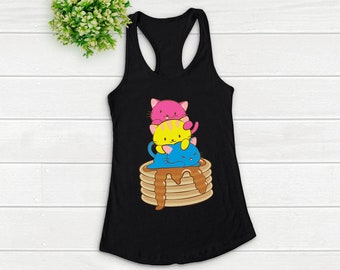 Pansexual Pride Kawaii Clothing / Cute Cat on Pancakes Anime Art Graphic Tank Top for Panromantic Womens - Racerback