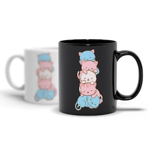 Transgender Pride Flag Kawaii Cats Cute Coffee Mug, Subtle LGBTQ Trans Pride Cute Mug for MtF, FtM Cat Lovers, Cutecore Aesthetic Trans Art