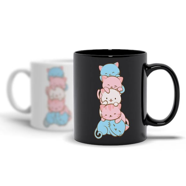 Transgender Pride Flag Kawaii Cats Söt Kaffemugg, Subtil HBTQ Trans Pride Söt Mugg för MTF, FtM Kattälskare, Cutecore Estetisk Transkonst