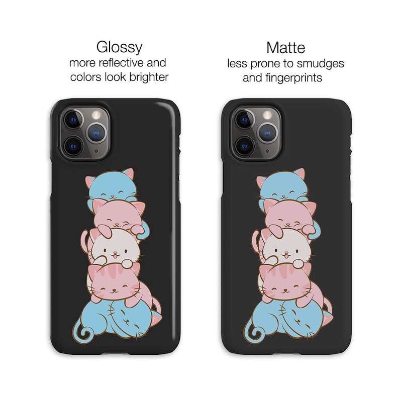 May include: A black phone case featuring a stack of five cartoon cats. The cats are pink, blue and white. The case is available in glossy or matte finishes.