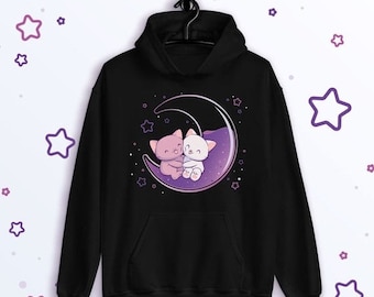 Süße Katzen auf dem Mond Kawaii Hoodie & Sweatshirt mit Rundhalsausschnitt / Anime Kawaii Kleidung - Katzenpullover für Damen und Mädchen