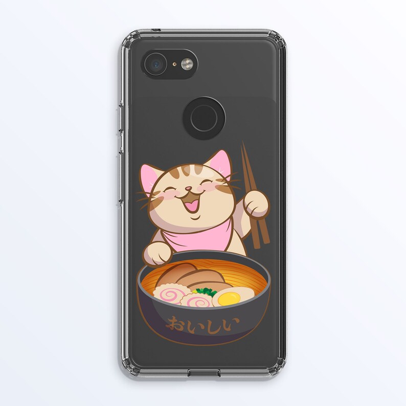 iPhone Samsung Galaxy Note 10 Google Pixel Huawei Cute Aesthetic Phone Case Clear Silicone Cover Japanese Ramen Cat Kawaii Phone Case