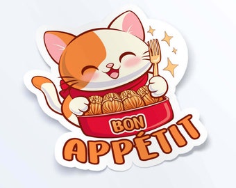 Bon Appetit Cute Kitty Cat Kawaii Sticker For Laptop, Water Bottles, Anime Aesthetic Decor for Christmas, X'mas Holiday Gift for Cat Lovers
