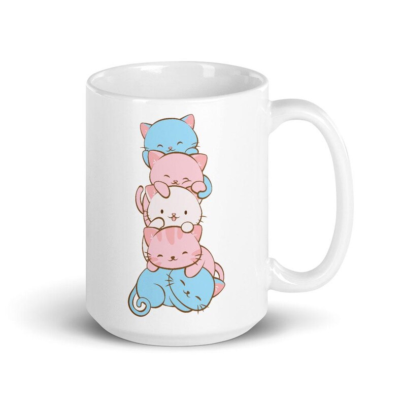Transgender Pride Flag Kawaii Cats Cute Coffee Mug - White 15 oz