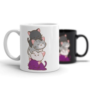 Funny Mug Kawaii Catpile / Cute Cat Coffee Mug - Asexual Pride Kitty Black White Grey Purple / Housewarming Gift Cat Lover Gift