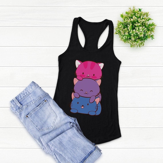 Kawaii Cats Bi Pride Racer back Tank Top - Cute Anime Aesthetic Graphic Kawaii Clothing / LGBTQ Bisexual Pride Tank Top for Women