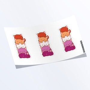 May include: Three sets of stickers featuring a stack of five cartoon cats in the colors of the lesbian pride flag. The cats are stacked on top of each other, with the red cat on top and the purple cat on the bottom.