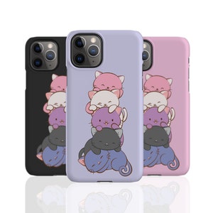May include: Three phone cases with a stacked cat design. The cases are black, lavender, and pink. Each case features a stack of cartoon cats in various colors, including pink, white, purple, and gray. The cats are smiling and stacked on top of each other.