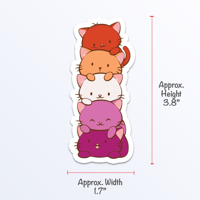 May include: A stack of five cute cartoon cats in a rainbow color scheme. The cats are stacked on top of each other, with the red cat on top and the purple cat on the bottom. The cats are all smiling and have big eyes. The sticker is approximately 3.8 inches tall and 1.7 inches wide.