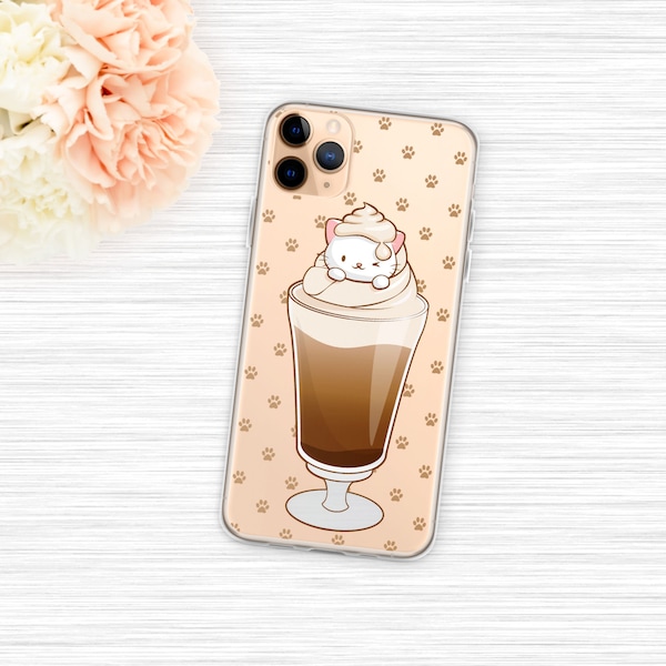 Coque de portable kawaii, café au lait glacé moka et crème fouettée - Étui pour iPhone Samsung Galaxy Google Pixel esthétique anime mignon pour les amoureux des chats