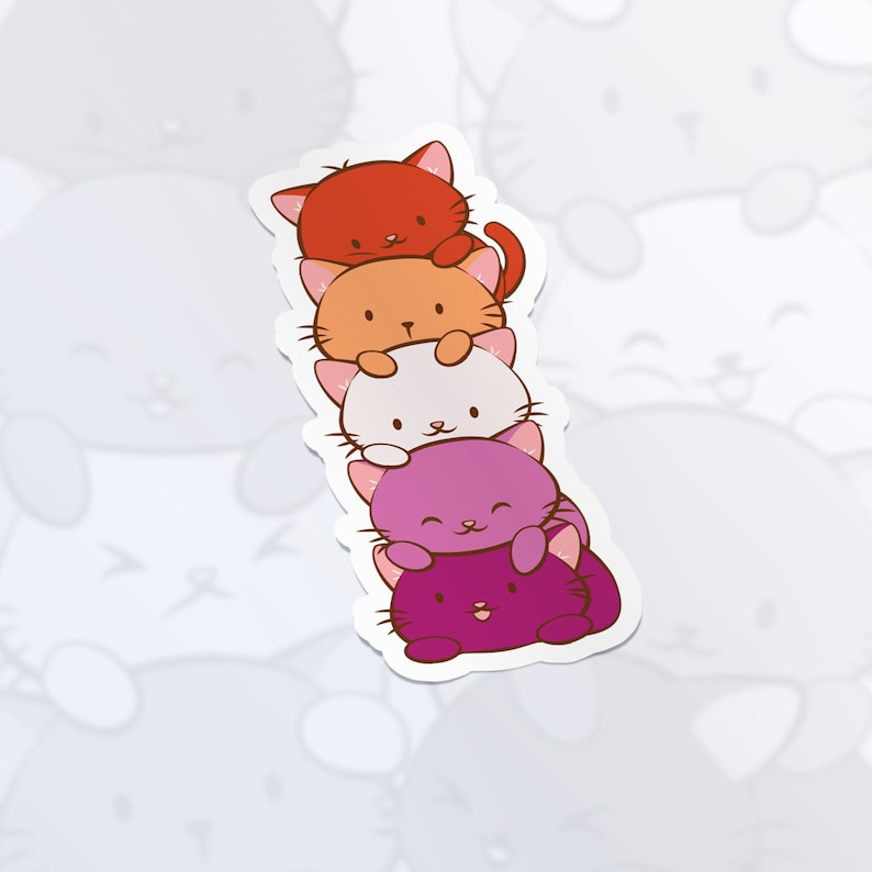 May include: A stack of five cartoon cats, each with a different color and expression. The cats are stacked on top of each other, with the smallest cat on the bottom and the largest cat on top. The cats are all facing forward, and they have big eyes and small mouths. The colors of the cats are red, orange, white, pink, and purple.