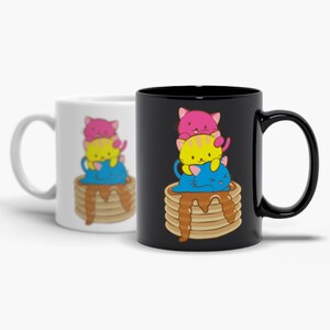Kawaii Pansexual Mug For Cat Lovers / Cute Aesthetic Pan Pride Cat Mug - Funny Pancake Pun Cat Coffee Mug / Subtle LGBTQ Pride