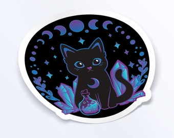 Kristallalkemi häxig svart kattklistermärke, söt häxkatt och månfasdekal Halloweendekoration, kawaii goth vinylklistermärke för laptop