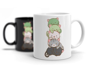 Aro Pride Kawaii Cats Cute Mug / Discreet Aromantic Flag, Lgbtq Subtle Pride Cat Pile Anime Coffee Mug For Aromantic Cat Mom