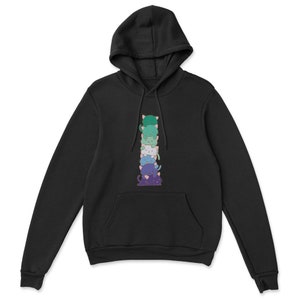 K&ouml;nnte beinhalten: Schwarzer Kapuzenpullover mit einem Stapel von f&uuml;nf Cartoon-Katzen in einem Regenbogen-Farbmuster, das auf der Vorderseite aufgedruckt ist.