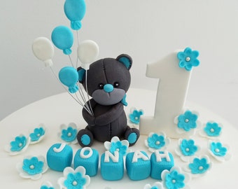 Teddy Bear topper Bear with balloons Sweet gift Personalized name Baby shower gift Animal cake topper decor baptism Boy topper for Cake