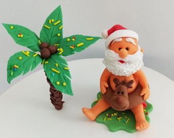 Père Noël sur la plage Père Noël sous le palmier Décoration de gâteau Planche de surf Père Noël Décoration de Noël Cadeau de Noël Décoration de gâteau Père Noël