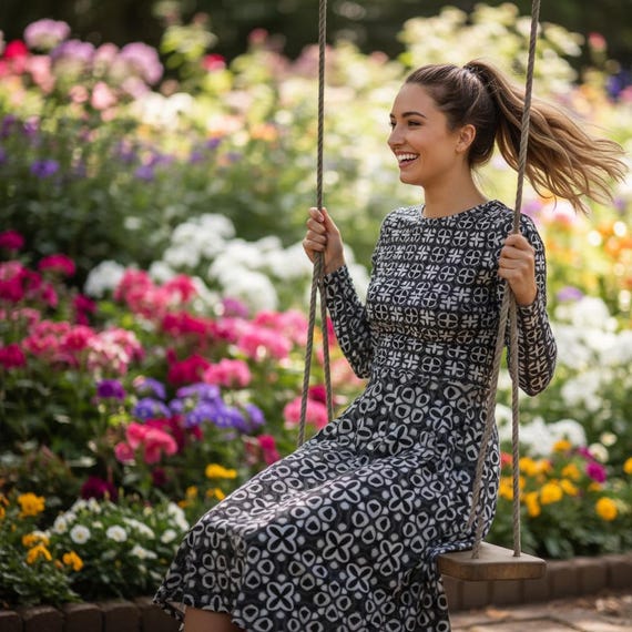 Black & White Floral Midi Dress | Long Sleeve Knit with Pockets