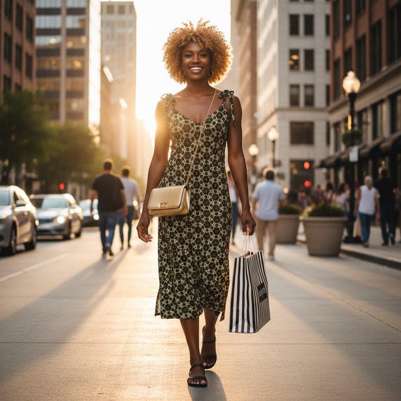 Black and Gold Chain Print Slip Dress: Elegant Midi Sundress