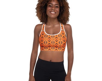 Bold Tribal Sports Bra – Orange Tribal Print Activewear Top for Yoga, Gym, and Training