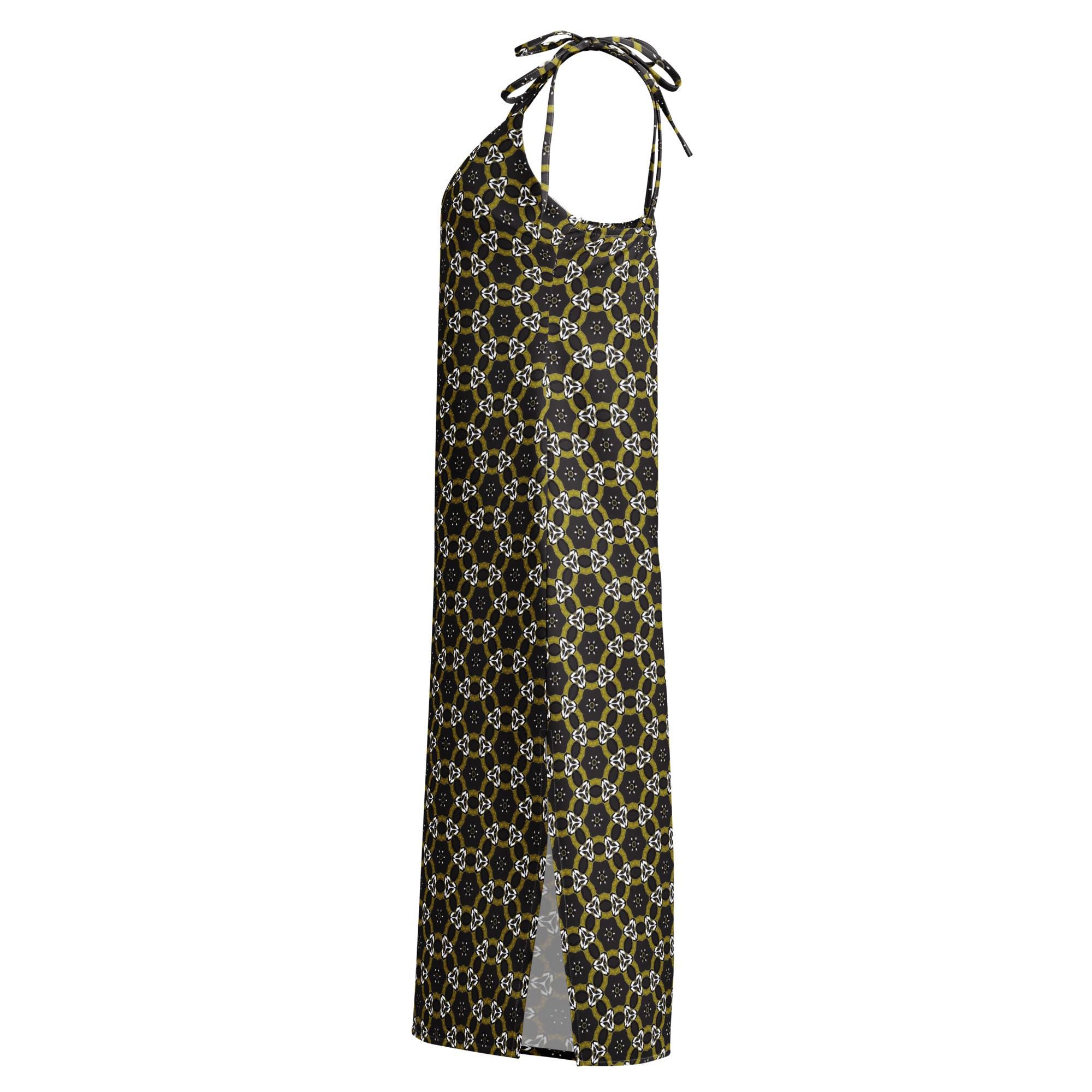 Black and Gold Chain Print Slip Dress: Elegant Midi Sundress