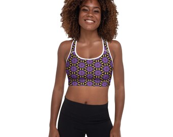 Sutiã esportivo geométrico Purple Bloom – Top esportivo vibrante para ioga e academia