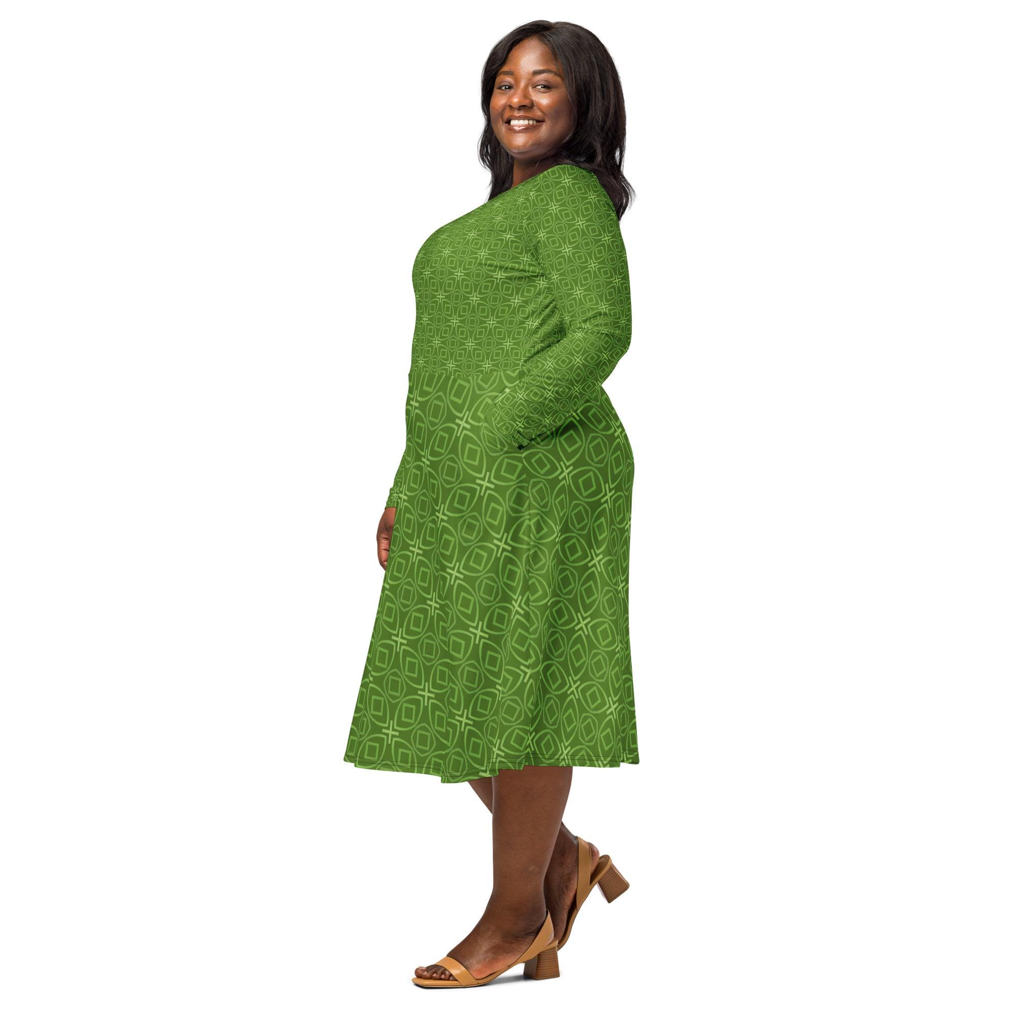 Green Geometric Midi Dress | Bold Print, Long Sleeves & Pockets | Made in USA