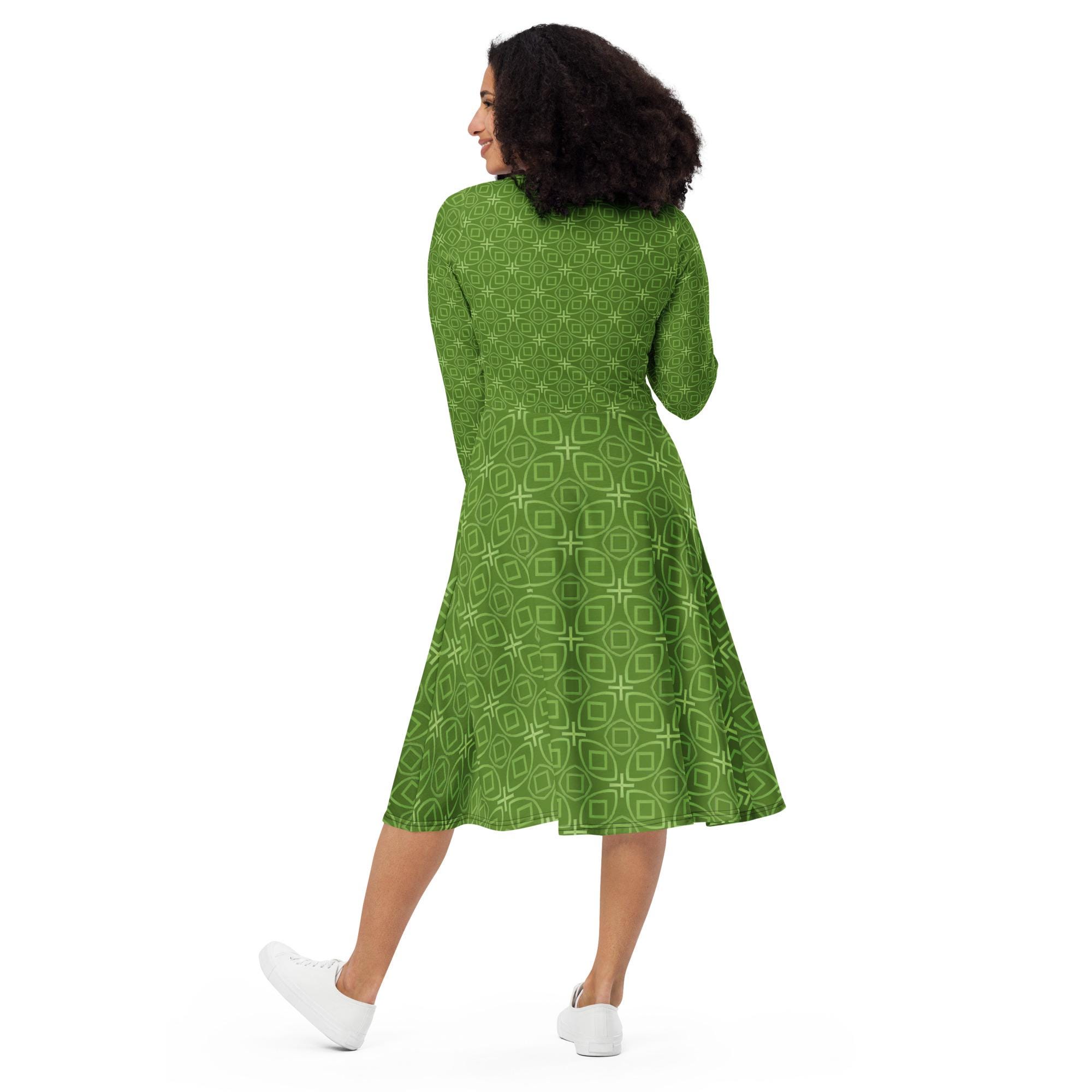 Green Geometric Midi Dress | Bold Print, Long Sleeves & Pockets | Made in USA