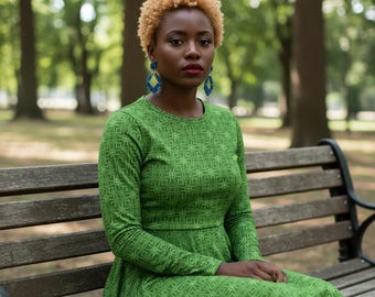 Green Geometric Midi Dress | Bold Print, Long Sleeves & Pockets | Made in USA