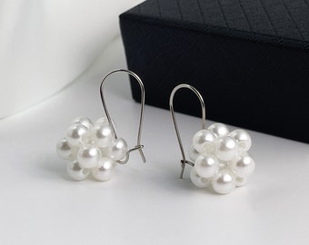 Snow White Bead Ball Pearl Earrings - Handcrafted 3D Dainty Minimalist Jewelry Gift for Mother's Day - Handmade Simple Round Dangle Earrings