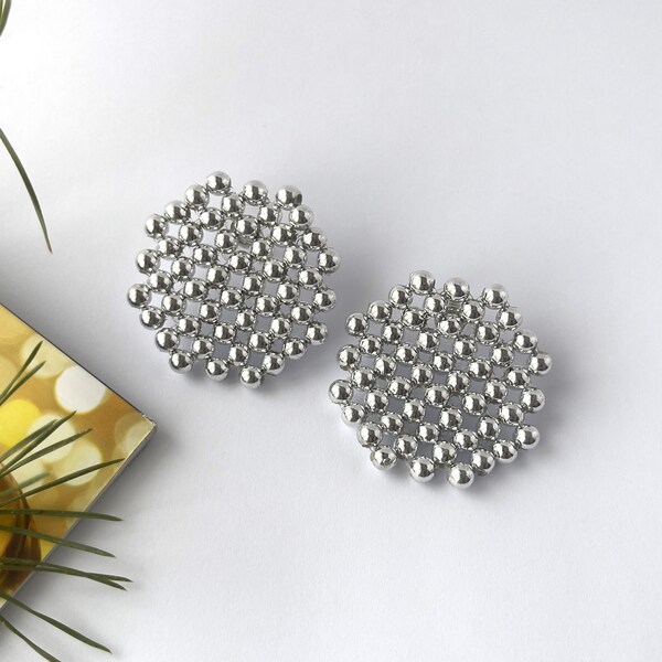 Chunky Silver Round Shape Mirror Earrings - Acrylic Metal Bead Handmade Studs - Geometric Reflective Dot Circle Jewelry Gift Statement