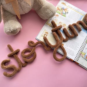 Letrero para la hora del cuento - Oso de peluche súper suave y esponjoso con nombre para la pared - Decoración de sala de juegos de punto difuso - Colgante personalizado para habitación de bebé - Oso de peluche para la hora del cuento