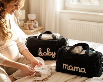 Passende Mama & Baby Namenstasche - Neugeborene Krankenhaus Organizer - Wochenende 2x Beutel Set - Schwangerschaft Mutterschaft Geburt Duffle Taschen - Muttertagsgeschenk