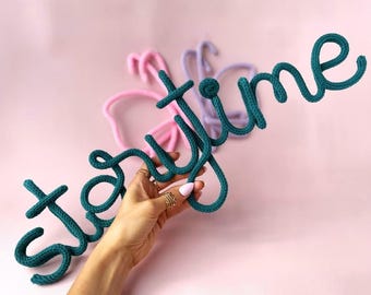 STORYTIME Knitted wire wall name sign for nursery - Lettering decor for kids reading corner - Room ornament - Big art door sign - Quote word