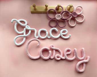 Vintage knitted velvet wall first name - Puff playroom letter decor - Custom baby crochet tricotin door hanging - First day at daycare sign