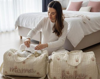 Matching Mama & Baby Name Bag - Newborn Hospital Organiser -Weekend 2x Bag Set -Pregnancy Maternity Birth Duffle Pair - Mother’s Day Gift