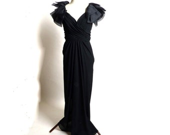 Circa 1970s Lilli Diamond Black Crepe Nylon Ruffle Sleeve Gown/Dress