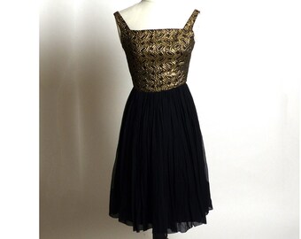 Circa 1950s Ronnie Black and Gold Dress