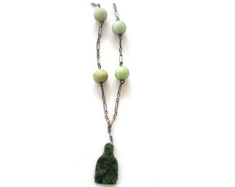 Art Deco Jade Buddha Necklace with 14K Filigree Clasp