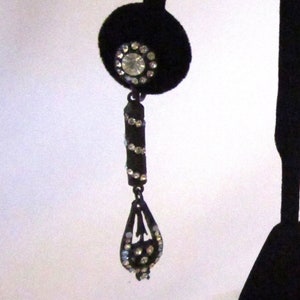Circa 1970s Black Metal Rhinestone Drop Earrings