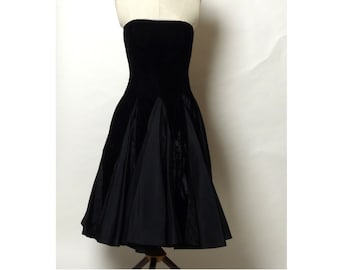 Circa 1960s Evenings by Pantagis Black Velvet Strapless Cocktail Dress with Rhinestone Accents