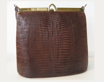 Circa 1940s Lizard Purse/Handbag with gold tone trim
