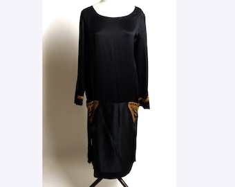 Circa 1920s Egyptian Revival Black Silk Dress with Gold Detailing