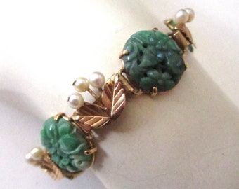 Ming's of Honolulu 14K Gold Jade and Pearl Bracelet