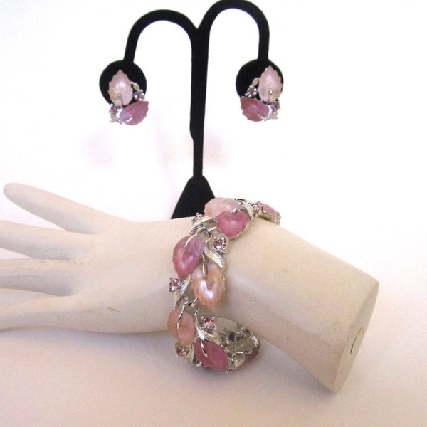 Circa 1950s Lisner Rhodium-Plated Lavender Lucite Demi-Parure: Bracelet and Pierced Earrings