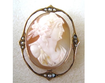 10K Yellow Gold Cultured Seed Pearl Cameo Pin/Pendant