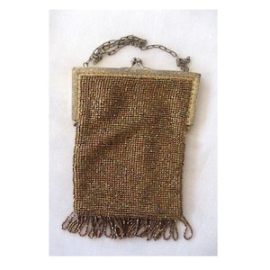 Circa 1910s Silk Bronze-Colored Colorful Beaded Fringed Purse/Handbag