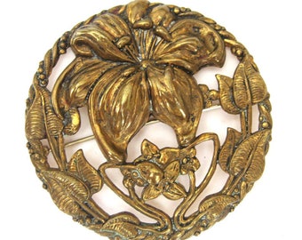 Art Nouveau Brass Lily Brooch/Pin